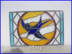 Antique Stained Glass Window Panel Old Bird Flowers Vintage 26x17