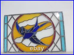 Antique Stained Glass Window Panel Old Bird Flowers Vintage 26x17