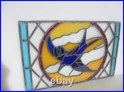 Antique Stained Glass Window Panel Old Bird Flowers Vintage 26x17
