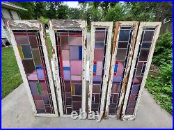 Antique Stained Glass Windows Multicolor Geometric Leaded Glass Panels 1900's