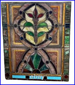 Antique Stained Leaded Fired Glass Window, 11 Rondels 4 Handcut Jewels, Balt MD