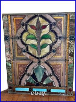 Antique Stained Leaded Fired Glass Window, 11 Rondels 4 Handcut Jewels, Balt MD