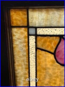 Antique Stained Leaded Glass 2 Flower Bungalow Window 32 by 25