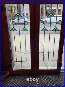 Antique Stained Leaded Glass Cabinet doors / window Circa 1910 wtih Oak Frames