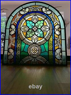 Antique Stained Leaded Glass Church Arched Window 25 1/2 x 23 3/8
