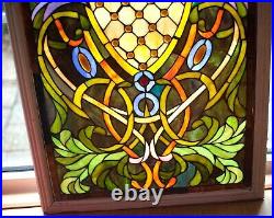 Antique Stained Leaded Glass Window Panel Transom Hand Crafted 20¾ x 40½ framed