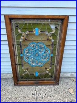 Antique Stained Leaded Glass Window W. Bevels & Jewels Beveled Glass 40 x 28