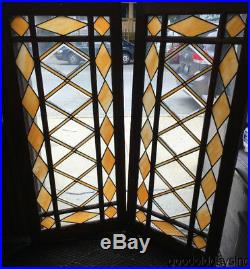 Antique Stained Leaded Oak Bookcase Cabinet Doors / Windows with Beveled Glass