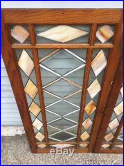 Antique Stained Leaded Oak Bookcase Cabinet Doors / Windows with Beveled Glass