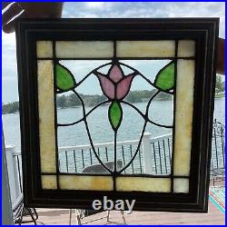 Antique Stained Slag Glass Lead Framed Window Panel 13 3/4 Tulip Leaves READ A