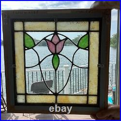 Antique Stained Slag Glass Lead Framed Window Panel 13 3/4 Tulip Leaves READ A