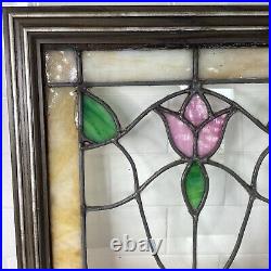 Antique Stained Slag Glass Lead Framed Window Panel 13 3/4 Tulip Leaves READ A