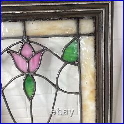 Antique Stained Slag Glass Lead Framed Window Panel 13 3/4 Tulip Leaves READ A