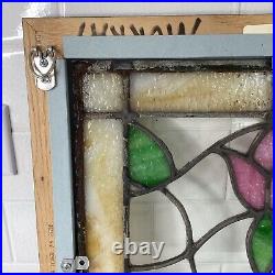 Antique Stained Slag Glass Lead Framed Window Panel 13 3/4 Tulip Leaves READ A