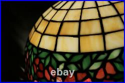 Antique Table Lamp Leaded Glass Red Flowers Bronze Base Handel