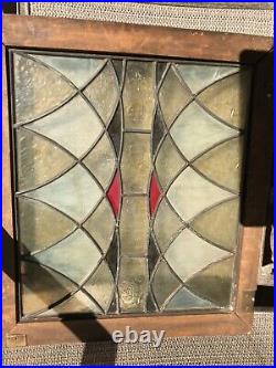 Antique Textured Leaded Stained Glass Double Hung Window Orig Frame