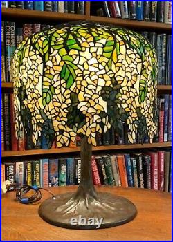 Antique Tiffany Studios Reproduction Wisteria Leaded Glass Lamp Bronze Tree Base