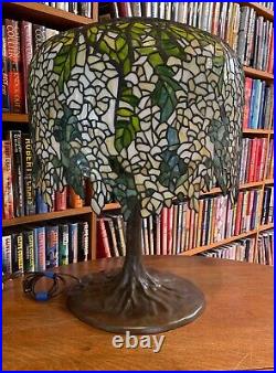 Antique Tiffany Studios Reproduction Wisteria Leaded Glass Lamp Bronze Tree Base