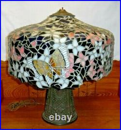 Antique Tiffany Style Leaded Stained Glass Butterfly Shade Table Lamp