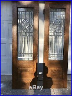 Antique Tiger Oak Leaded Beveled Glass French Doors