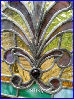 Antique VICTORIAN STAINED, LEADED GLASS WINDOW With JEWELS & Support Braces