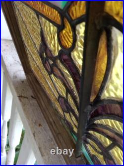 Antique VICTORIAN STAINED, LEADED GLASS WINDOW With JEWELS & Support Braces
