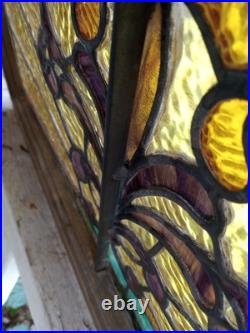 Antique VICTORIAN STAINED, LEADED GLASS WINDOW With JEWELS & Support Braces