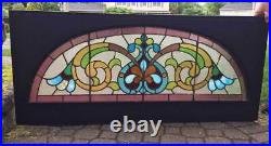 Antique Victorian STAINED Leaded GLASS TRANSOM ARCHED Window with JEWELS