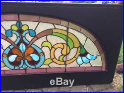 Antique Victorian STAINED Leaded GLASS TRANSOM ARCHED Window with JEWELS