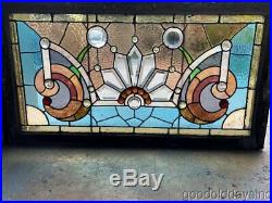 Antique Victorian Stained Leaded Glass Transom Window with Bevels & Jewels 40 x 22