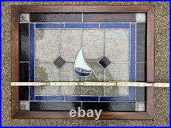 Antique Vintage Leaded Stained Glass Window Sailboat Ocean Nautical Art 1920's