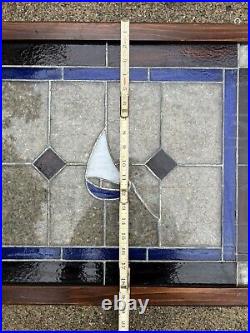 Antique Vintage Leaded Stained Glass Window Sailboat Ocean Nautical Art 1920's