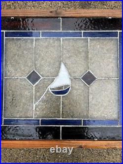 Antique Vintage Leaded Stained Glass Window Sailboat Ocean Nautical Art 1920's