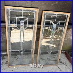 Antique/Vintage Pair of Leaded Stain Glass Arrow Windows/Cabinet Doors 39x 17