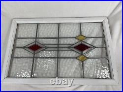 Antique Vintage White Wood Frame Leaded Glass Window Green Yellow