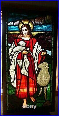Antique Vtg Stained Glass Church Window Jesus Christ as Good Shepherd Framed