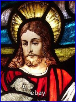 Antique Vtg Stained Glass Church Window Jesus Christ as Good Shepherd Framed