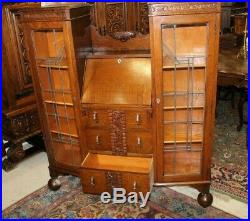 Art Deco Oak Antique Leaded Glass Side By Side Bookcase / Drop Front Desk
