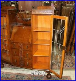 Art Deco Oak Antique Leaded Glass Side By Side Bookcase / Drop Front Desk