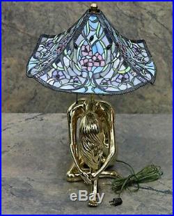 Art Deco W&S1938 Mosaic Shade Leaded Stained Glass Lamp Nude Brass Base