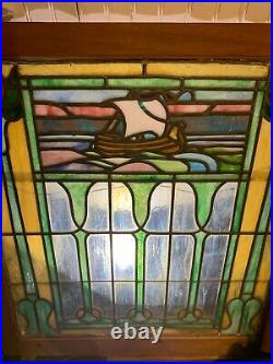 Arts & Crafts Period 1900-1905 Leaded Stained Glass Window Viking Ship Design