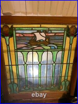 Arts & Crafts Period 1900-1905 Leaded Stained Glass Window Viking Ship Design