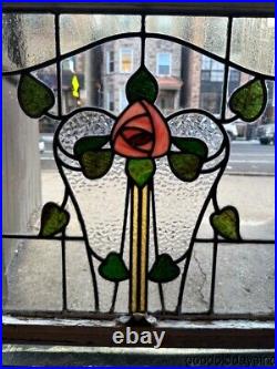 Beautiful Antique 1920's Stained Leaded Glass Window with Rose & Hearts 28x26