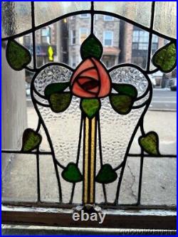 Beautiful Antique 1920's Stained Leaded Glass Window with Rose & Hearts 28x26