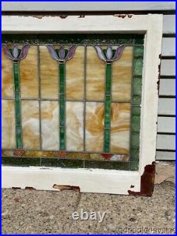 Beautiful Antique 4 Tulip Stained Leaded Glass Window 34 by 25