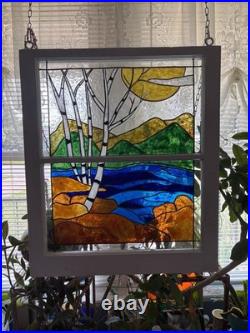 Beautiful Blue Lake Scene Hand Painted Stained Glass Window