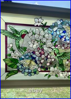 Beautiful Hummingbird Floral Stained Glass Window WithHanging Wooden Frame 22x13