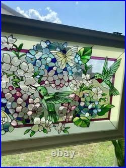 Beautiful Hummingbird Floral Stained Glass Window WithHanging Wooden Frame 22x13
