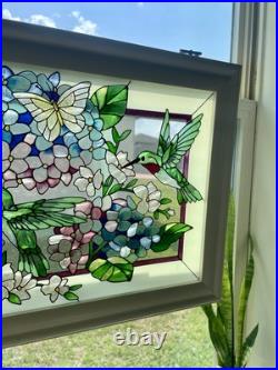 Beautiful Hummingbird Floral Stained Glass Window WithHanging Wooden Frame 22x13