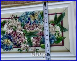 Beautiful Hummingbird Floral Stained Glass Window WithHanging Wooden Frame 22x13